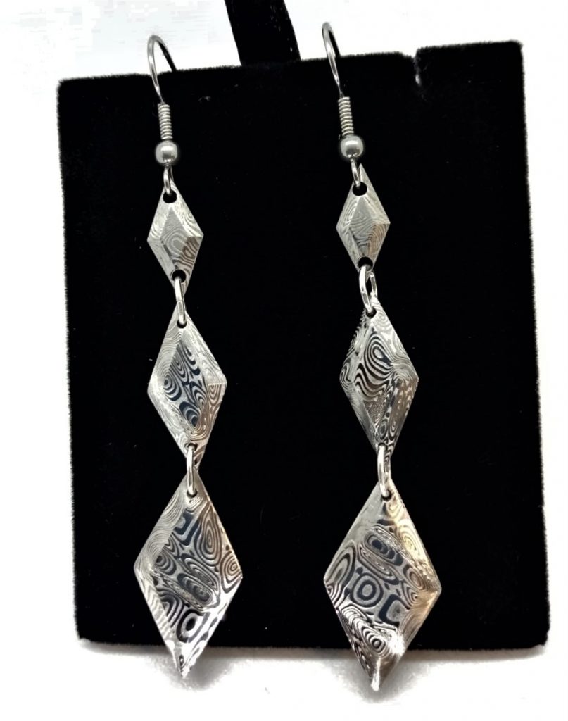Pendants d'oreilles en damas losange facetté | Bijoux damas - Pouillon (40)